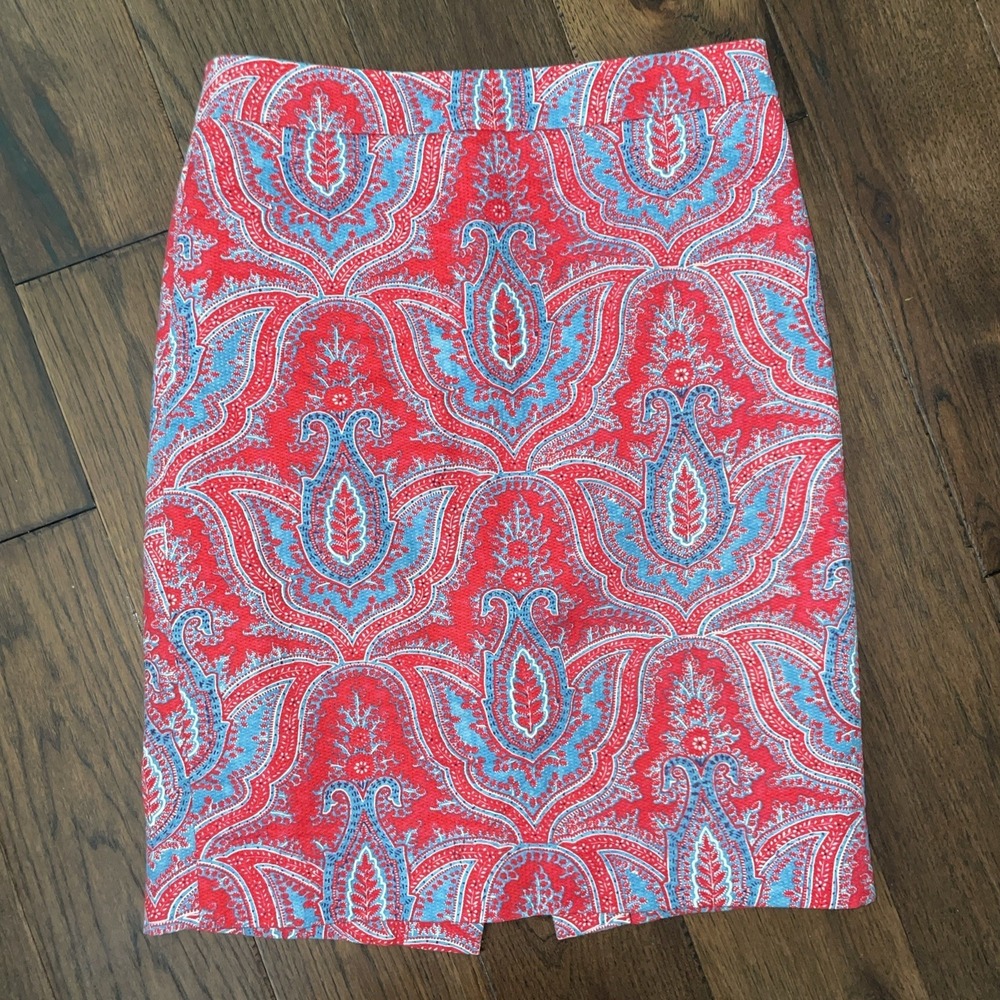 Skirt J Crew Cotton no. 2 pencil skirt red/ blue paisley double‎ lining size 0